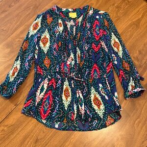 Maeve Anthropologie Ikat Topoxe Multi Womens Sz 8 Drawstring Waist Tunic Top